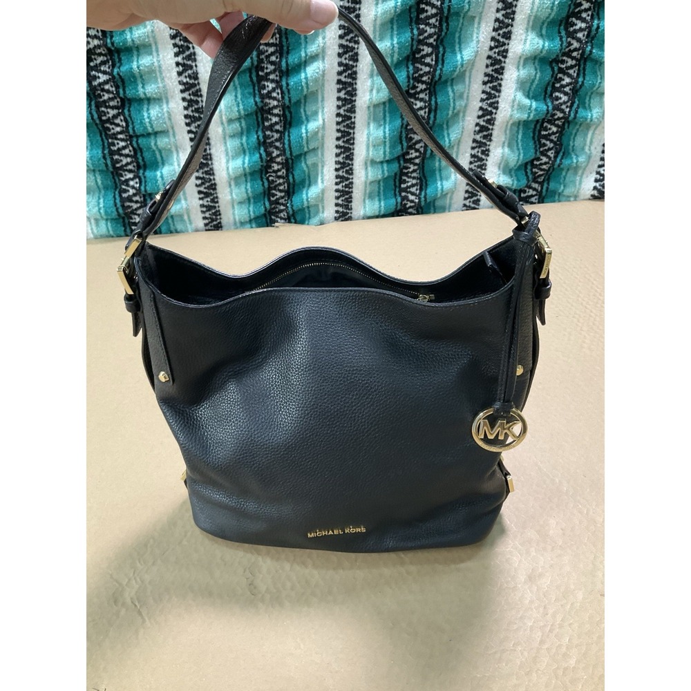 Black Michael Kors Pebbled Shoulder Bag w/ Black Strap Gold Hardware Logo Charm